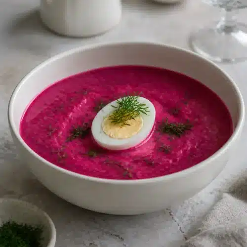 Bowl of cold beet soup topped with hard-boiled egg and fresh dill