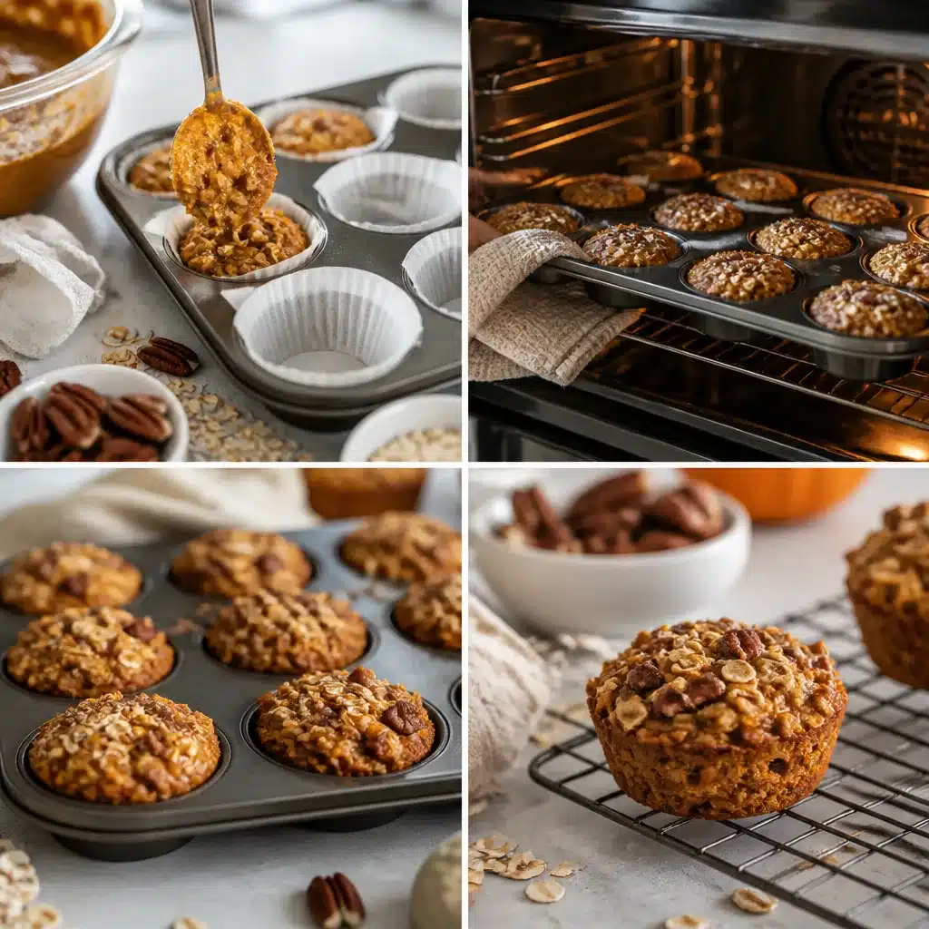 Filling, baking, and cooling pumpkin baked oatmeal cups step by step